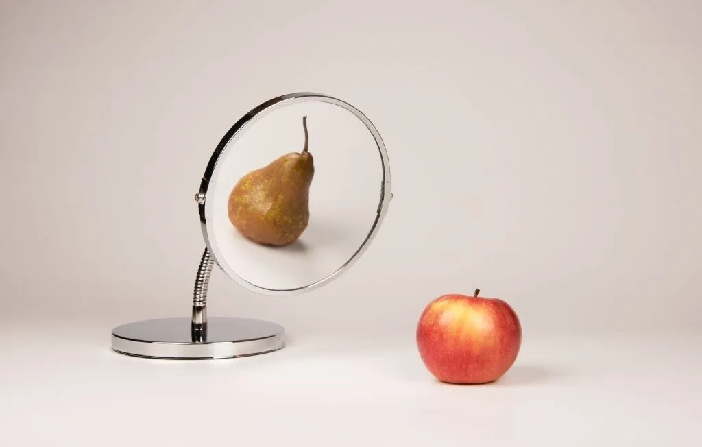 a pear reflected in a mirror