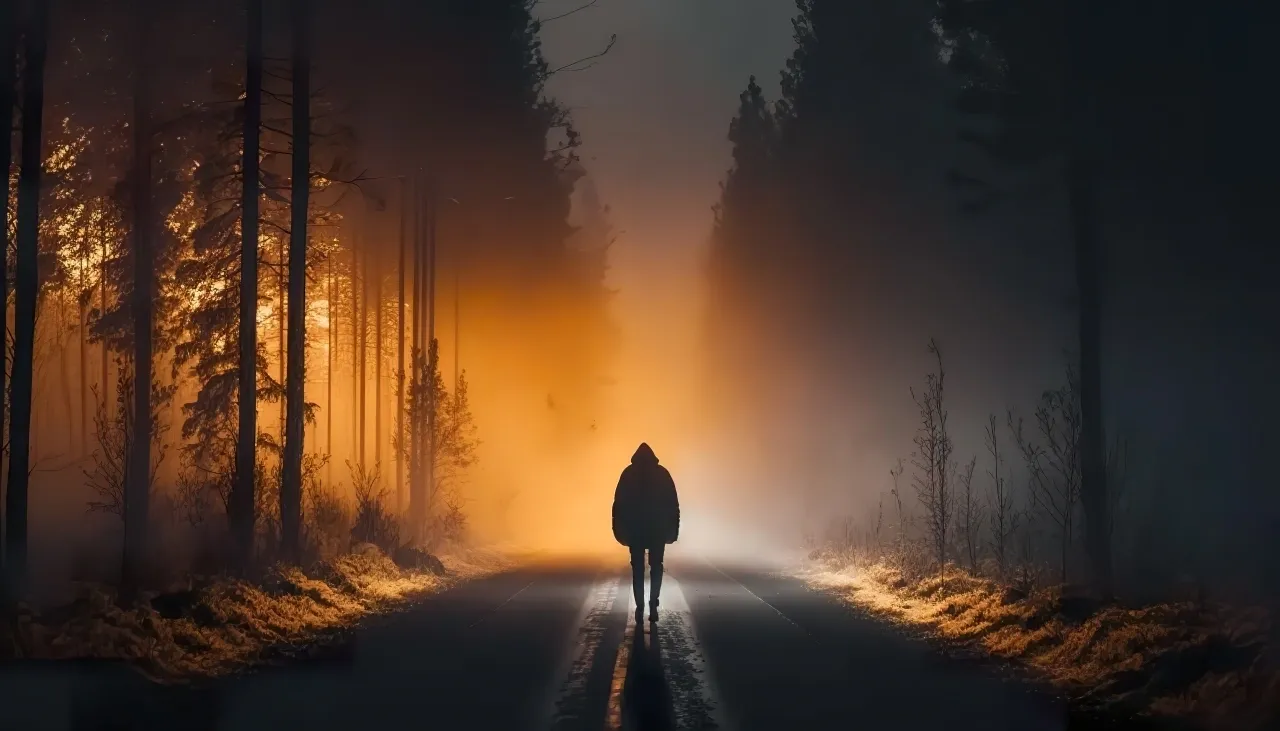 a person walking on a road with trees in the background